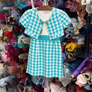 Turquoise and white tweed print 2 piece girls set
